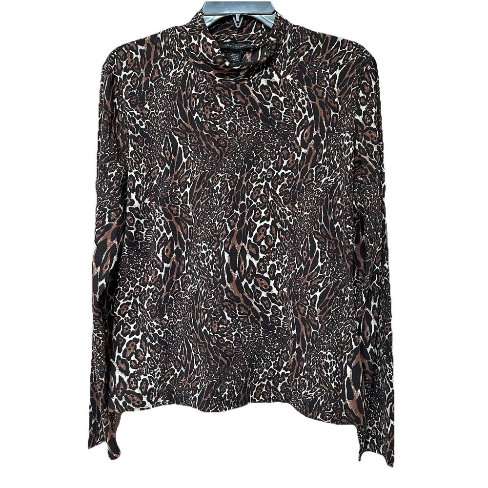 ST JOHN Top Lg Leopard Animal Print Long Sleeve Stretch Pullover Mob Wife Exotic